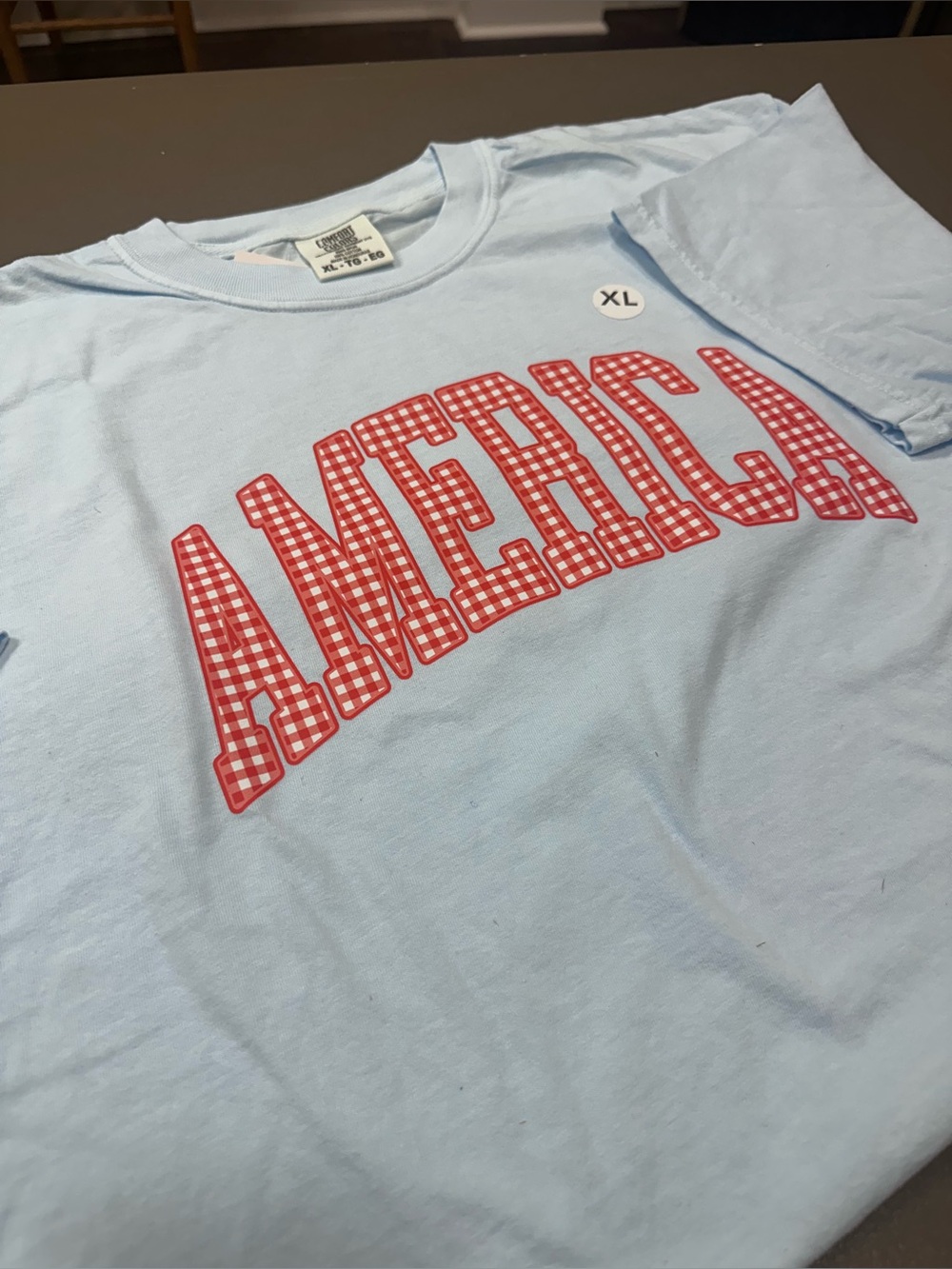 Comfort Colors Light Blue America Gingham Tee Shirt